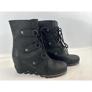 Sorel Joan Of Arctic Hidden Wedge Mid Boot •Women 8.5• Leather Waterproof Black